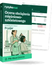 Pudełko dokumentu „Ocena obciążenia mięśniowo-szkieletowego” ze znakiem Ryzykomat i napisem „Plik Word (DOCX)” na froncie, ilustracja stanowiska „Fryzjer”; zza pudełka wystaje strona prawdziwego dokumentu z rozmytą treścią