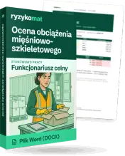 Pudełko dokumentu „Ocena obciążenia mięśniowo-szkieletowego” ze znakiem Ryzykomat i napisem „Plik Word (DOCX)” na froncie, ilustracja stanowiska „Funkcjonariusz celny”; zza pudełka wystaje strona prawdziwego dokumentu z rozmytą treścią