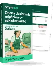 Pudełko dokumentu „Ocena obciążenia mięśniowo-szkieletowego” ze znakiem Ryzykomat i napisem „Plik Word (DOCX)” na froncie, ilustracja stanowiska „Garbarz”; zza pudełka wystaje strona prawdziwego dokumentu z rozmytą treścią