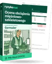 Pudełko dokumentu „Ocena obciążenia mięśniowo-szkieletowego” ze znakiem Ryzykomat i napisem „Plik Word (DOCX)” na froncie, ilustracja stanowiska „Garmażer”; zza pudełka wystaje strona prawdziwego dokumentu z rozmytą treścią