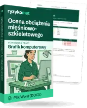 Pudełko dokumentu „Ocena obciążenia mięśniowo-szkieletowego” ze znakiem Ryzykomat i napisem „Plik Word (DOCX)” na froncie, ilustracja stanowiska „Grafik komputerowy”; zza pudełka wystaje strona prawdziwego dokumentu z rozmytą treścią