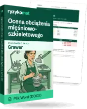 Pudełko dokumentu „Ocena obciążenia mięśniowo-szkieletowego” ze znakiem Ryzykomat i napisem „Plik Word (DOCX)” na froncie, ilustracja stanowiska „Grawer”; zza pudełka wystaje strona prawdziwego dokumentu z rozmytą treścią