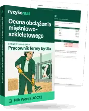 Pudełko dokumentu „Ocena obciążenia mięśniowo-szkieletowego” ze znakiem Ryzykomat i napisem „Plik Word (DOCX)” na froncie, ilustracja stanowiska „Pracownik fermy bydła”; zza pudełka wystaje strona prawdziwego dokumentu z rozmytą treścią