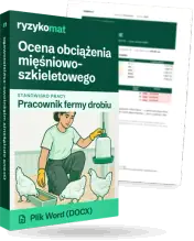 Pudełko dokumentu „Ocena obciążenia mięśniowo-szkieletowego” ze znakiem Ryzykomat i napisem „Plik Word (DOCX)” na froncie, ilustracja stanowiska „Pracownik fermy drobiu”; zza pudełka wystaje strona prawdziwego dokumentu z rozmytą treścią