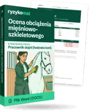 Pudełko dokumentu „Ocena obciążenia mięśniowo-szkieletowego” ze znakiem Ryzykomat i napisem „Plik Word (DOCX)” na froncie, ilustracja stanowiska „Pracownik stajni (hodowla koni)”; zza pudełka wystaje strona prawdziwego dokumentu z rozmytą treścią
