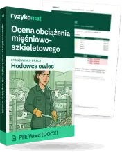 Pudełko dokumentu „Ocena obciążenia mięśniowo-szkieletowego” ze znakiem Ryzykomat i napisem „Plik Word (DOCX)” na froncie, ilustracja stanowiska „Hodowca owiec”; zza pudełka wystaje strona prawdziwego dokumentu z rozmytą treścią