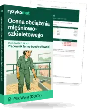 Pudełko dokumentu „Ocena obciążenia mięśniowo-szkieletowego” ze znakiem Ryzykomat i napisem „Plik Word (DOCX)” na froncie, ilustracja stanowiska „Pracownik fermy trzody chlewnej”; zza pudełka wystaje strona prawdziwego dokumentu z rozmytą treścią
