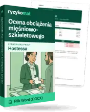 Pudełko dokumentu „Ocena obciążenia mięśniowo-szkieletowego” ze znakiem Ryzykomat i napisem „Plik Word (DOCX)” na froncie, ilustracja stanowiska „Hostessa”; zza pudełka wystaje strona prawdziwego dokumentu z rozmytą treścią