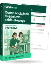 Pudełko dokumentu „Ocena obciążenia mięśniowo-szkieletowego” ze znakiem Ryzykomat i napisem „Plik Word (DOCX)” na froncie, ilustracja stanowiska „Informatyk”; zza pudełka wystaje strona prawdziwego dokumentu z rozmytą treścią