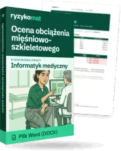 Pudełko dokumentu „Ocena obciążenia mięśniowo-szkieletowego” ze znakiem Ryzykomat i napisem „Plik Word (DOCX)” na froncie, ilustracja stanowiska „Informatyk medyczny”; zza pudełka wystaje strona prawdziwego dokumentu z rozmytą treścią
