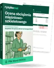 Pudełko dokumentu „Ocena obciążenia mięśniowo-szkieletowego” ze znakiem Ryzykomat i napisem „Plik Word (DOCX)” na froncie, ilustracja stanowiska „Inspektor do spraw obrotu hurtowego lekami”; zza pudełka wystaje strona prawdziwego dokumentu z rozmytą treścią