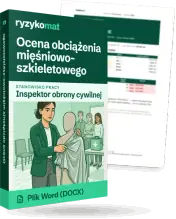 Pudełko dokumentu „Ocena obciążenia mięśniowo-szkieletowego” ze znakiem Ryzykomat i napisem „Plik Word (DOCX)” na froncie, ilustracja stanowiska „Inspektor obrony cywilnej”; zza pudełka wystaje strona prawdziwego dokumentu z rozmytą treścią