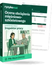 Pudełko dokumentu „Ocena obciążenia mięśniowo-szkieletowego” ze znakiem Ryzykomat i napisem „Plik Word (DOCX)” na froncie, ilustracja stanowiska „Inspektor pracy”; zza pudełka wystaje strona prawdziwego dokumentu z rozmytą treścią