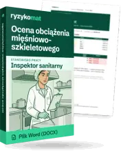 Pudełko dokumentu „Ocena obciążenia mięśniowo-szkieletowego” ze znakiem Ryzykomat i napisem „Plik Word (DOCX)” na froncie, ilustracja stanowiska „Inspektor sanitarny”; zza pudełka wystaje strona prawdziwego dokumentu z rozmytą treścią