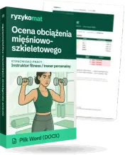 Pudełko dokumentu „Ocena obciążenia mięśniowo-szkieletowego” ze znakiem Ryzykomat i napisem „Plik Word (DOCX)” na froncie, ilustracja stanowiska „Instruktor fitness / trener personalny”; zza pudełka wystaje strona prawdziwego dokumentu z rozmytą treścią