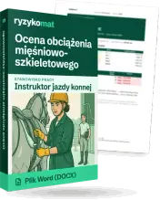 Pudełko dokumentu „Ocena obciążenia mięśniowo-szkieletowego” ze znakiem Ryzykomat i napisem „Plik Word (DOCX)” na froncie, ilustracja stanowiska „Instruktor jazdy konnej”; zza pudełka wystaje strona prawdziwego dokumentu z rozmytą treścią