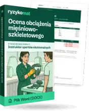 Pudełko dokumentu „Ocena obciążenia mięśniowo-szkieletowego” ze znakiem Ryzykomat i napisem „Plik Word (DOCX)” na froncie, ilustracja stanowiska „Instruktor sportów ekstremalnych”; zza pudełka wystaje strona prawdziwego dokumentu z rozmytą treścią