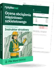 Pudełko dokumentu „Ocena obciążenia mięśniowo-szkieletowego” ze znakiem Ryzykomat i napisem „Plik Word (DOCX)” na froncie, ilustracja stanowiska „Instruktor strzałowy”; zza pudełka wystaje strona prawdziwego dokumentu z rozmytą treścią