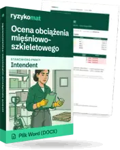 Pudełko dokumentu „Ocena obciążenia mięśniowo-szkieletowego” ze znakiem Ryzykomat i napisem „Plik Word (DOCX)” na froncie, ilustracja stanowiska „Intendent”; zza pudełka wystaje strona prawdziwego dokumentu z rozmytą treścią