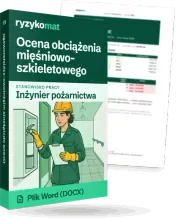 Pudełko dokumentu „Ocena obciążenia mięśniowo-szkieletowego” ze znakiem Ryzykomat i napisem „Plik Word (DOCX)” na froncie, ilustracja stanowiska „Inżynier pożarnictwa”; zza pudełka wystaje strona prawdziwego dokumentu z rozmytą treścią