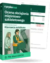 Pudełko dokumentu „Ocena obciążenia mięśniowo-szkieletowego” ze znakiem Ryzykomat i napisem „Plik Word (DOCX)” na froncie, ilustracja stanowiska „Kierowca autobusu”; zza pudełka wystaje strona prawdziwego dokumentu z rozmytą treścią