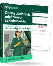 Pudełko dokumentu „Ocena obciążenia mięśniowo-szkieletowego” ze znakiem Ryzykomat i napisem „Plik Word (DOCX)” na froncie, ilustracja stanowiska „Kierowca ciągnika rolniczego”; zza pudełka wystaje strona prawdziwego dokumentu z rozmytą treścią