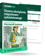 Pudełko dokumentu „Ocena obciążenia mięśniowo-szkieletowego” ze znakiem Ryzykomat i napisem „Plik Word (DOCX)” na froncie, ilustracja stanowiska „Kierownik budowy”; zza pudełka wystaje strona prawdziwego dokumentu z rozmytą treścią