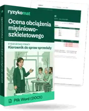 Pudełko dokumentu „Ocena obciążenia mięśniowo-szkieletowego” ze znakiem Ryzykomat i napisem „Plik Word (DOCX)” na froncie, ilustracja stanowiska „Kierownik do spraw sprzedaży”; zza pudełka wystaje strona prawdziwego dokumentu z rozmytą treścią
