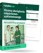 Pudełko dokumentu „Ocena obciążenia mięśniowo-szkieletowego” ze znakiem Ryzykomat i napisem „Plik Word (DOCX)” na froncie, ilustracja stanowiska „Kierownik firmy sprzątającej”; zza pudełka wystaje strona prawdziwego dokumentu z rozmytą treścią