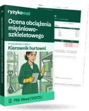 Pudełko dokumentu „Ocena obciążenia mięśniowo-szkieletowego” ze znakiem Ryzykomat i napisem „Plik Word (DOCX)” na froncie, ilustracja stanowiska „Kierownik hurtowni”; zza pudełka wystaje strona prawdziwego dokumentu z rozmytą treścią