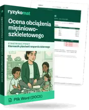 Pudełko dokumentu „Ocena obciążenia mięśniowo-szkieletowego” ze znakiem Ryzykomat i napisem „Plik Word (DOCX)” na froncie, ilustracja stanowiska „Kierownik placówki wsparcia dziennego”; zza pudełka wystaje strona prawdziwego dokumentu z rozmytą treścią