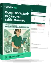 Pudełko dokumentu „Ocena obciążenia mięśniowo-szkieletowego” ze znakiem Ryzykomat i napisem „Plik Word (DOCX)” na froncie, ilustracja stanowiska „Kierownik sklepu / supermarketu”; zza pudełka wystaje strona prawdziwego dokumentu z rozmytą treścią