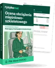 Pudełko dokumentu „Ocena obciążenia mięśniowo-szkieletowego” ze znakiem Ryzykomat i napisem „Plik Word (DOCX)” na froncie, ilustracja stanowiska „Kierujący tramwajem (motorniczy)”; zza pudełka wystaje strona prawdziwego dokumentu z rozmytą treścią