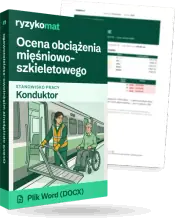 Pudełko dokumentu „Ocena obciążenia mięśniowo-szkieletowego” ze znakiem Ryzykomat i napisem „Plik Word (DOCX)” na froncie, ilustracja stanowiska „Konduktor”; zza pudełka wystaje strona prawdziwego dokumentu z rozmytą treścią