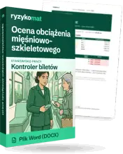 Pudełko dokumentu „Ocena obciążenia mięśniowo-szkieletowego” ze znakiem Ryzykomat i napisem „Plik Word (DOCX)” na froncie, ilustracja stanowiska „Kontroler biletów”; zza pudełka wystaje strona prawdziwego dokumentu z rozmytą treścią
