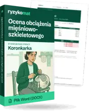 Pudełko dokumentu „Ocena obciążenia mięśniowo-szkieletowego” ze znakiem Ryzykomat i napisem „Plik Word (DOCX)” na froncie, ilustracja stanowiska „Koronkarka”; zza pudełka wystaje strona prawdziwego dokumentu z rozmytą treścią