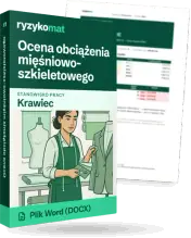 Pudełko dokumentu „Ocena obciążenia mięśniowo-szkieletowego” ze znakiem Ryzykomat i napisem „Plik Word (DOCX)” na froncie, ilustracja stanowiska „Krawiec”; zza pudełka wystaje strona prawdziwego dokumentu z rozmytą treścią