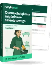 Pudełko dokumentu „Ocena obciążenia mięśniowo-szkieletowego” ze znakiem Ryzykomat i napisem „Plik Word (DOCX)” na froncie, ilustracja stanowiska „Kucharz”; zza pudełka wystaje strona prawdziwego dokumentu z rozmytą treścią