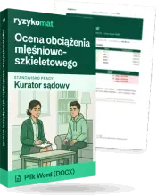 Pudełko dokumentu „Ocena obciążenia mięśniowo-szkieletowego” ze znakiem Ryzykomat i napisem „Plik Word (DOCX)” na froncie, ilustracja stanowiska „Kurator sądowy”; zza pudełka wystaje strona prawdziwego dokumentu z rozmytą treścią