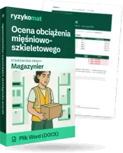 Pudełko dokumentu „Ocena obciążenia mięśniowo-szkieletowego” ze znakiem Ryzykomat i napisem „Plik Word (DOCX)” na froncie, ilustracja stanowiska „Magazynier”; zza pudełka wystaje strona prawdziwego dokumentu z rozmytą treścią