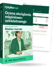 Pudełko dokumentu „Ocena obciążenia mięśniowo-szkieletowego” ze znakiem Ryzykomat i napisem „Plik Word (DOCX)” na froncie, ilustracja stanowiska „Makler morski”; zza pudełka wystaje strona prawdziwego dokumentu z rozmytą treścią