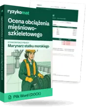 Pudełko dokumentu „Ocena obciążenia mięśniowo-szkieletowego” ze znakiem Ryzykomat i napisem „Plik Word (DOCX)” na froncie, ilustracja stanowiska „Marynarz statku morskiego”; zza pudełka wystaje strona prawdziwego dokumentu z rozmytą treścią