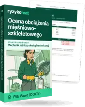 Pudełko dokumentu „Ocena obciążenia mięśniowo-szkieletowego” ze znakiem Ryzykomat i napisem „Plik Word (DOCX)” na froncie, ilustracja stanowiska „Mechanik lotniczy obsługi technicznej”; zza pudełka wystaje strona prawdziwego dokumentu z rozmytą treścią