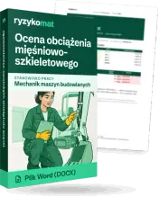 Pudełko dokumentu „Ocena obciążenia mięśniowo-szkieletowego” ze znakiem Ryzykomat i napisem „Plik Word (DOCX)” na froncie, ilustracja stanowiska „Mechanik maszyn budowlanych”; zza pudełka wystaje strona prawdziwego dokumentu z rozmytą treścią