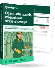 Pudełko dokumentu „Ocena obciążenia mięśniowo-szkieletowego” ze znakiem Ryzykomat i napisem „Plik Word (DOCX)” na froncie, ilustracja stanowiska „Mechanik maszyn i urządzeń górnictwa podziemnego”; zza pudełka wystaje strona prawdziwego dokumentu z rozmytą treścią