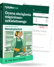 Pudełko dokumentu „Ocena obciążenia mięśniowo-szkieletowego” ze znakiem Ryzykomat i napisem „Plik Word (DOCX)” na froncie, ilustracja stanowiska „Metaloplastyk”; zza pudełka wystaje strona prawdziwego dokumentu z rozmytą treścią