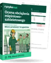 Pudełko dokumentu „Ocena obciążenia mięśniowo-szkieletowego” ze znakiem Ryzykomat i napisem „Plik Word (DOCX)” na froncie, ilustracja stanowiska „Mistrz produkcji / brygadzista”; zza pudełka wystaje strona prawdziwego dokumentu z rozmytą treścią
