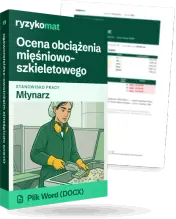 Pudełko dokumentu „Ocena obciążenia mięśniowo-szkieletowego” ze znakiem Ryzykomat i napisem „Plik Word (DOCX)” na froncie, ilustracja stanowiska „Młynarz”; zza pudełka wystaje strona prawdziwego dokumentu z rozmytą treścią