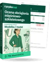 Pudełko dokumentu „Ocena obciążenia mięśniowo-szkieletowego” ze znakiem Ryzykomat i napisem „Plik Word (DOCX)” na froncie, ilustracja stanowiska „Modelka / model”; zza pudełka wystaje strona prawdziwego dokumentu z rozmytą treścią