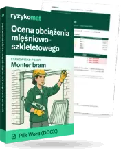 Pudełko dokumentu „Ocena obciążenia mięśniowo-szkieletowego” ze znakiem Ryzykomat i napisem „Plik Word (DOCX)” na froncie, ilustracja stanowiska „Monter bram”; zza pudełka wystaje strona prawdziwego dokumentu z rozmytą treścią